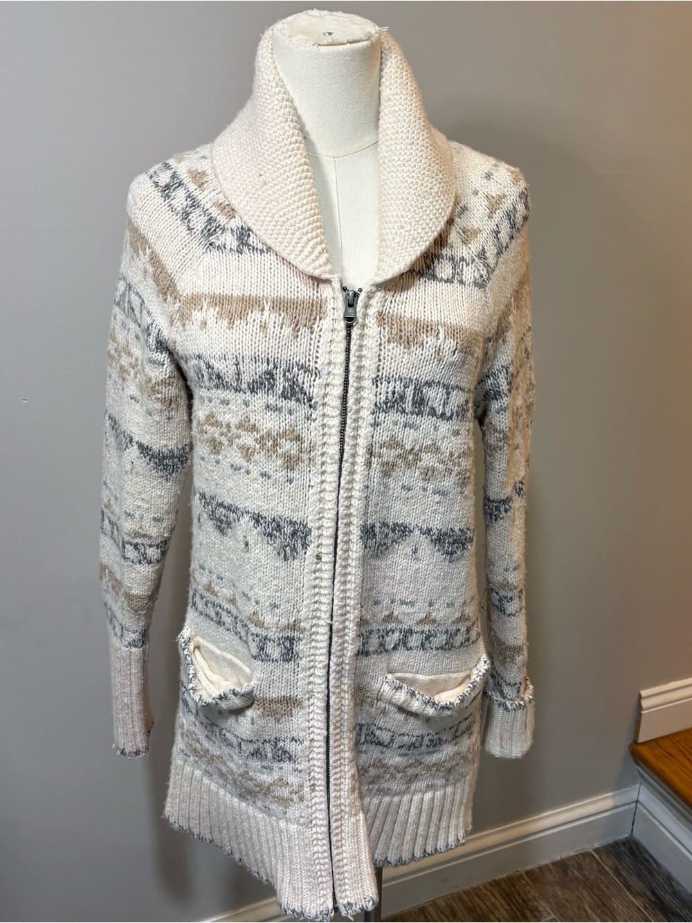 Eddie Bauer Women Wool Blend Sweater Full Zip Pockets Shawl Fair Isle SZ L